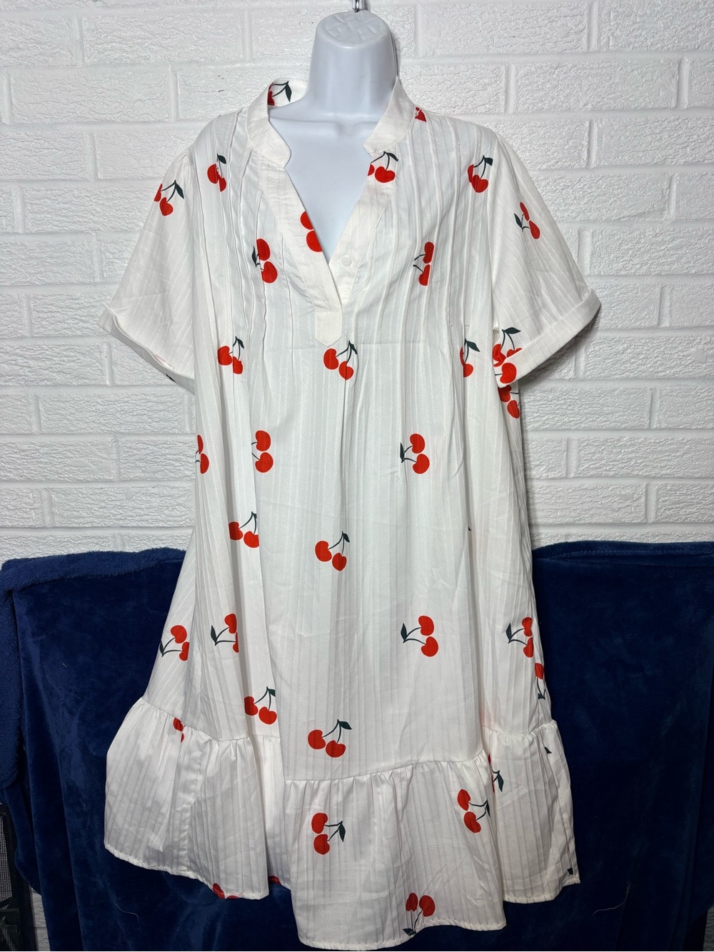 SHEIN White Cherry Print Short Ruffle Hem Dress
